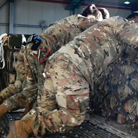 Airmen of the 721st Aerial Port Squadron load pallets of Ukraine-bound ammunition to a C-130 Hercules at Ramstein Air Base, Germany, on August 7, 2022. (US Air Force photo by Capt. Emma Quirk)