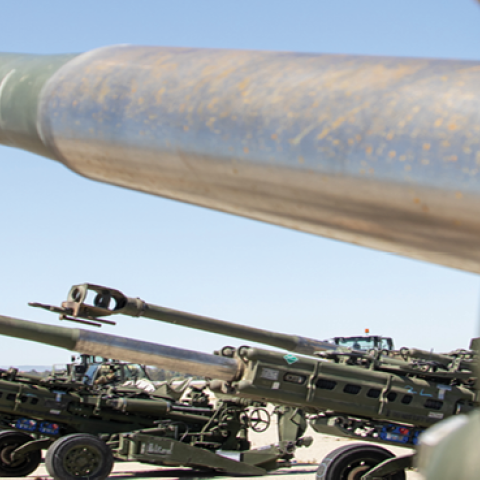 Ukraine-bound M777 Howitzers staged at March Air Reserve Base, California, on April 22, 2022. (US Marine Corps Photo by Cpl. Austin Fraley)