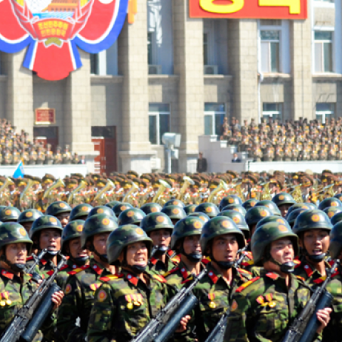 North Korean People's Army soldiers march on September 9, 2018, in Pyongyang, North Korea, as part of a parade celebrating the seventieth anniversary of the nation's founding. (Asahi Shimbun via Getty Images)