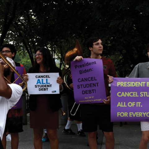 A brass band plays during a rally outside of the White House to call on Joe Biden to cancel student debt on July 27, 2022, in Washington, DC. (Anna Moneymaker/Getty Images)