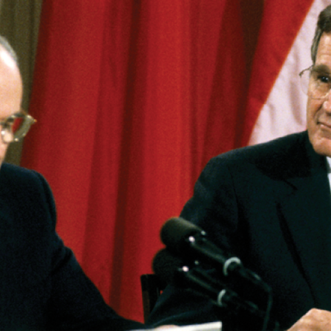 Mikhail Gorbachev and George HW Bush hold a joint press conference in the White House's East Room, Washington DC, June 3, 1990. (Ron Sachs/CNP/Getty Images)