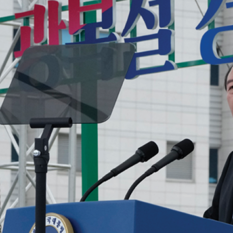  President Yoon Suk Yeol speaks during the celebration of the 77th National Liberation Day at Presidential House on August 15, 2022, in Seoul, South Korea. (Ahn Young-Joon - Pool/Getty Images)