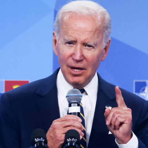Joe Biden addresses the second and final day of the NATO 2022 Summit on June 30, 2022, in Madrid, Spain. (Europa Presse/E. Parra via Getty Images)