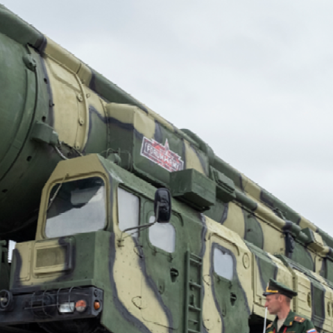 An RT-2PM2 intercontinental ballistic missile on display at Army Expo 2022 in Moscow's Patriot Park on August 20, 2022. (Washington Post via Getty Images)