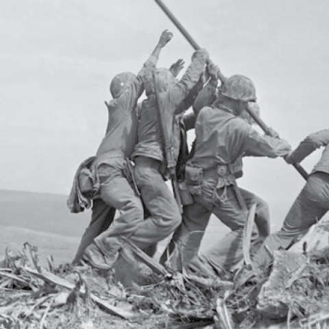 Raising the Flag on Iwo Jima, February 23, 1945. (Wikimedia Commons)