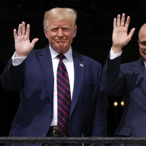Benjamin Netanyahu, Donald Trump, Abdullatif bin Rashid Al Zayani of Bahrian, and Abdullah bin Zayed bin Sultan Al Nahyan of the UAE at the White House after signing the Abraham Accords on September 15, 2020. (Alex Wong/Getty Images)