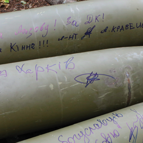 Signed shells lie on the ground in Kharkiv Region, Ukraine, on July 28, 2022. (Vyacheslav Madiyevskyy/ Ukrinform/Future Publishing via Getty Images)