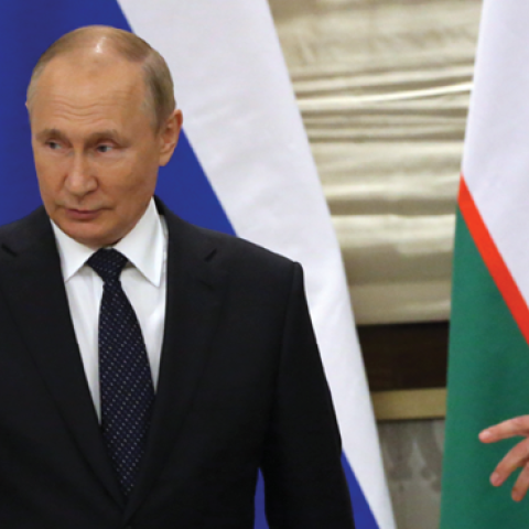Vladimir Putin and Uzbek President Shavkat Mirziyoyev during the Russian-Uzbek signing ceremony at the Shanghai Cooperation Organization Summit on September 15, 2022, in Samarkand, Uzbekistan. (Contributor/Getty Images)