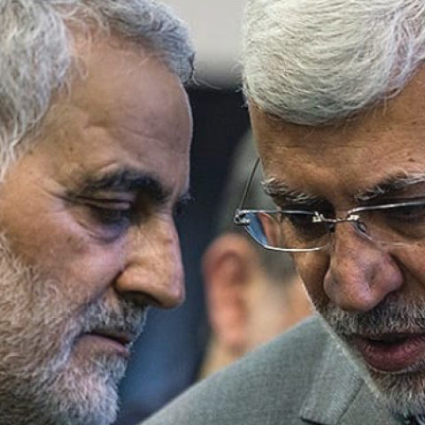 Qasem Soleimani with Abu Mahdi al-Muhandis at a 2017 ceremony commemorating the father of Soleimani, in Musalla, Tehran. (Fars Media Corporation via Wikimedia Commons)